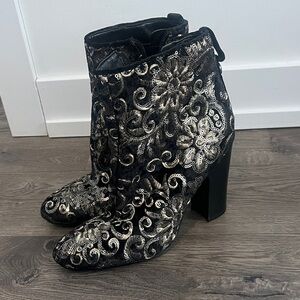 GUESS Black Healed Boots with Gold and Silver Embroidered Embroideries